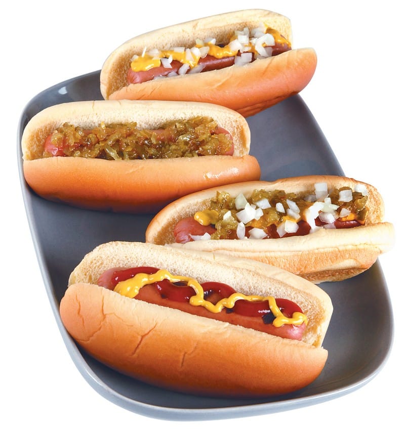 Plate of Cooked Beef Hot Dogs with Assorted Toppings Food Picture