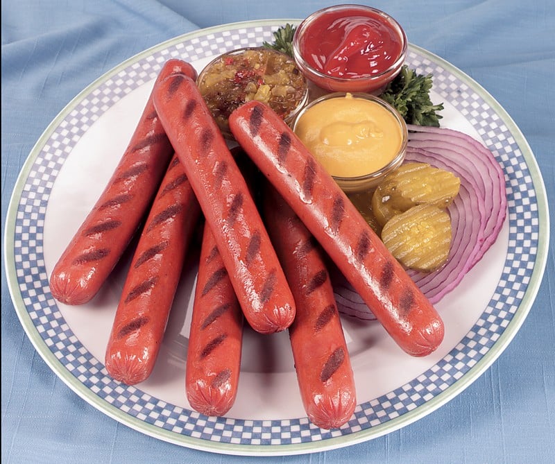 Grilled Hot Dogs on Plate with Condiments Food Picture