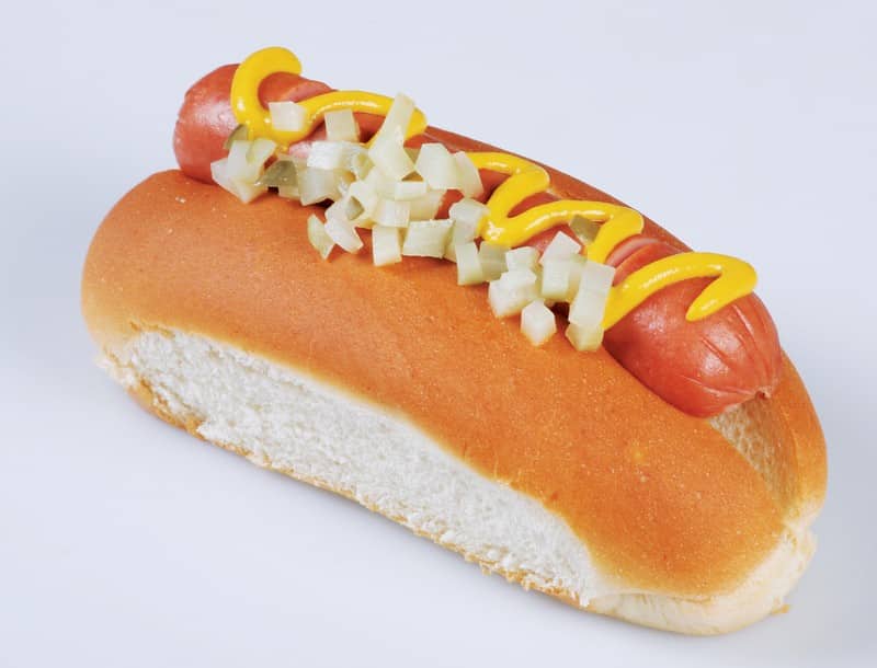 Fresh Single Beef Hot Dog with Mustard and Onions Food Picture
