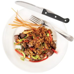 Beef Stir Fry on White Plate with Fork and Knife Food Picture