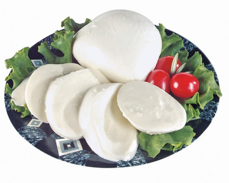 Mozzarella Cheese with Garnish on Black and White Plate Food Picture