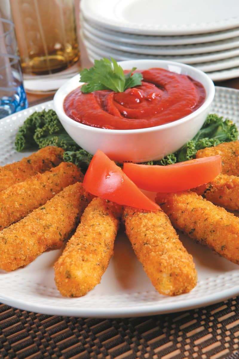 Mozzarella Sticks with Dipping Sauce and Garnish on White Ridged Plate Food Picture