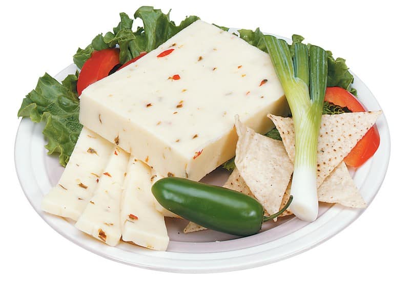 Pepper Jack Cheese with Chips and Veggies on White Plate Food Picture