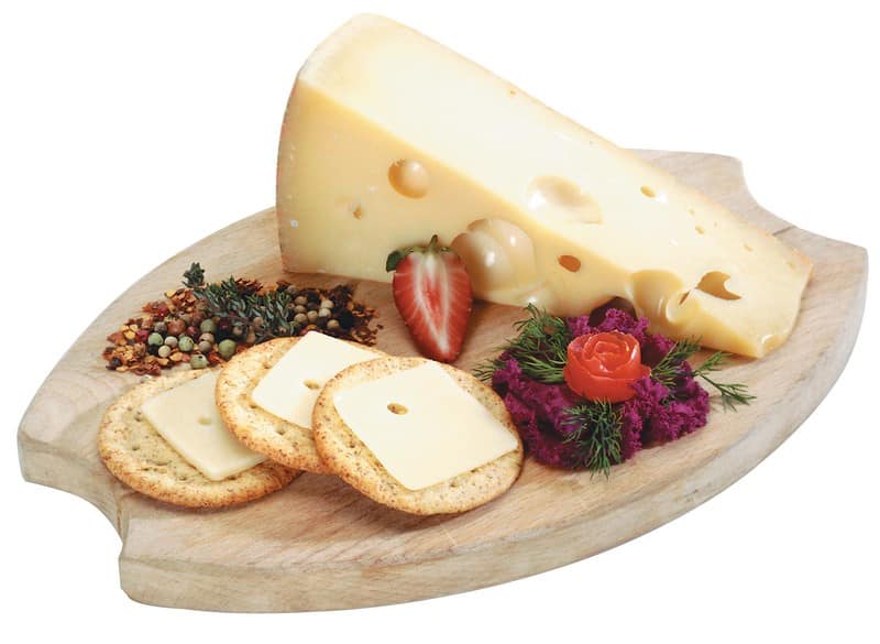 Swiss Cheese with Garnish and Crackers on Wooden Board Food Picture