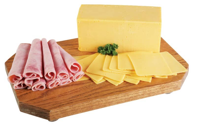 Ham and Cheese Board with Garnish on Wooden Board Food Picture