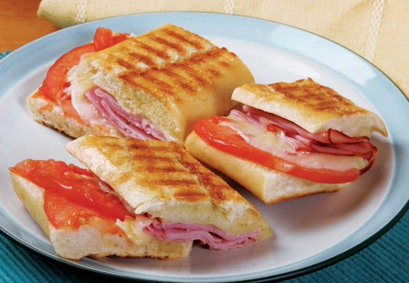 Ham and Cheese Panini with Tomato on White and Light Blue Plate Food Picture