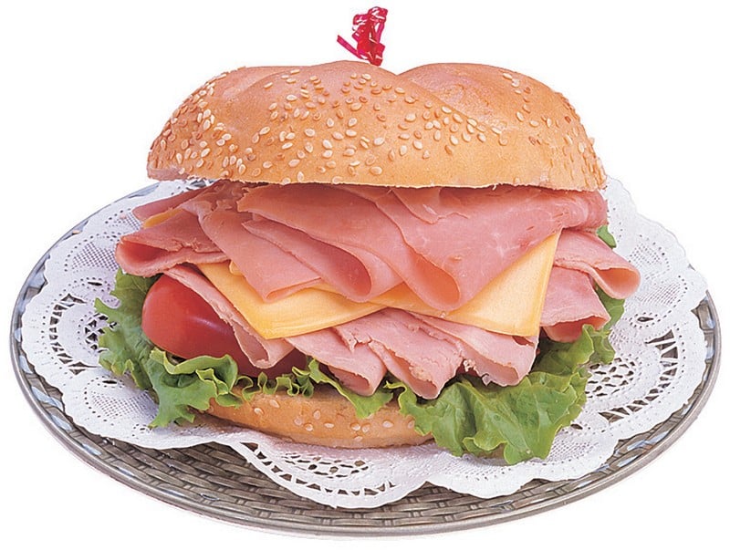 Ham Sandwich on Doily on Gray Plate Food Picture