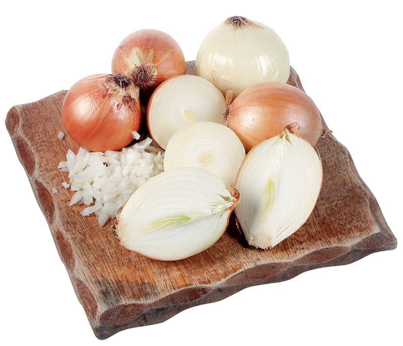 Yellow Onions on Board Isolated Food Picture