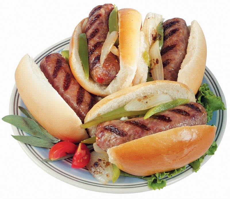Grilled Italian Pork Sausages with Peppers in Buns Food Picture