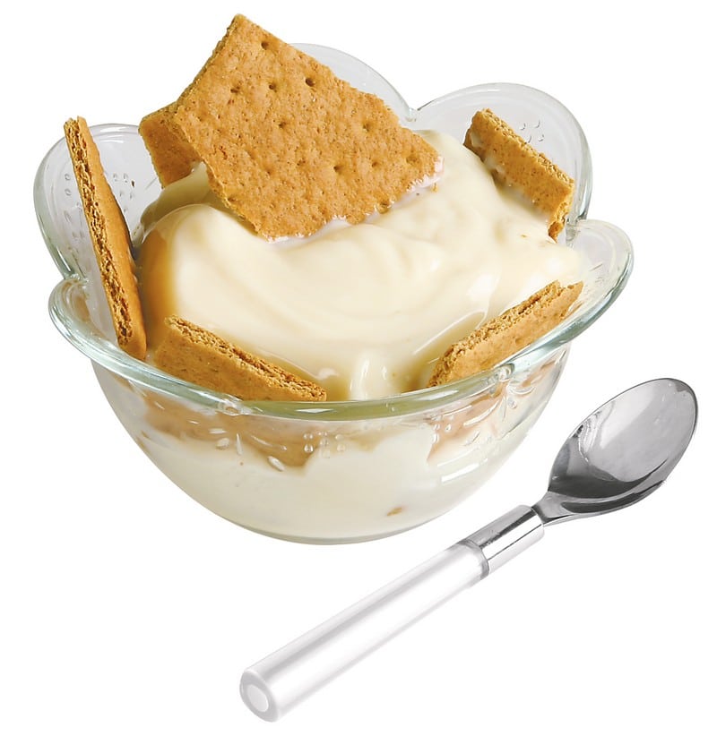 Vanilla Pudding in Clear Dish with Graham Crackers and Spoon Food Picture