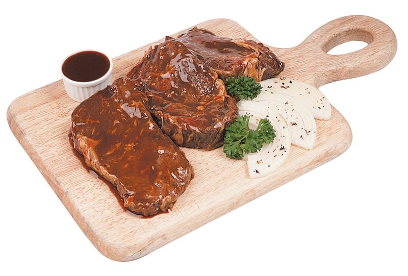 Boneless Raw Beef Sirloin Steak on a Wooden Board with Sauce Food Picture
