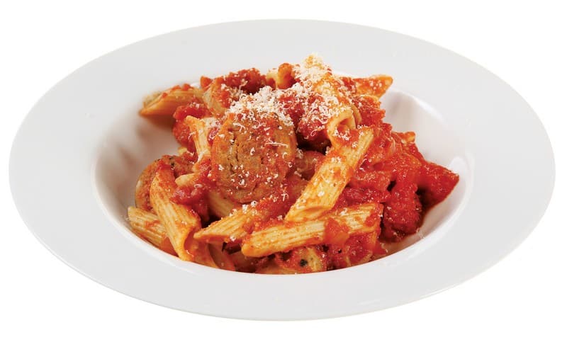 Sausage and Pasta in White Dish Food Picture