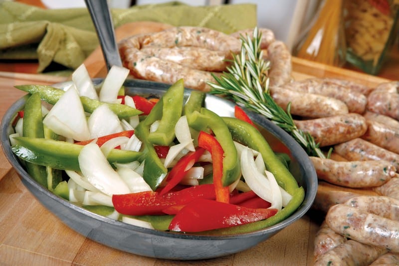 Sausage Links and Peppers and Onions in Skillet Food Picture