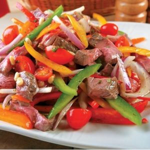 Peppers and Onions with Steak on White Plate Food Picture
